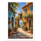 Coastal village lane between blue and orange houses, with teal shutters, flower pots and an archway overlooking the sea.