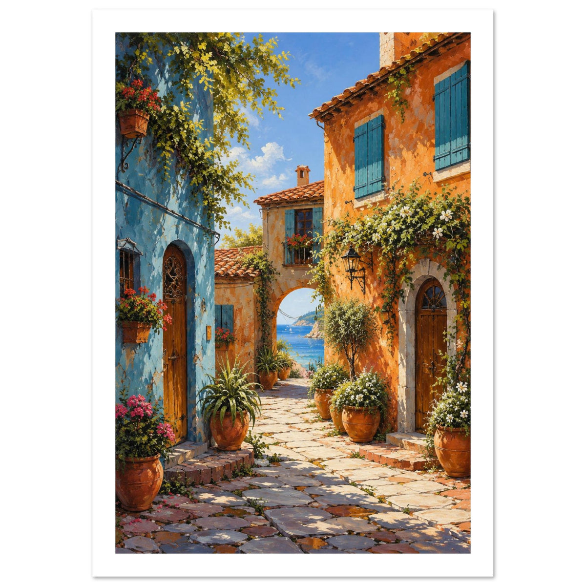 Coastal village lane between blue and orange houses, with teal shutters, flower pots and an archway overlooking the sea.