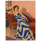 Stripes After Sunset shows a reclining woman in a cobalt-and-cream striped dress on a rust chaise against a peach wall.