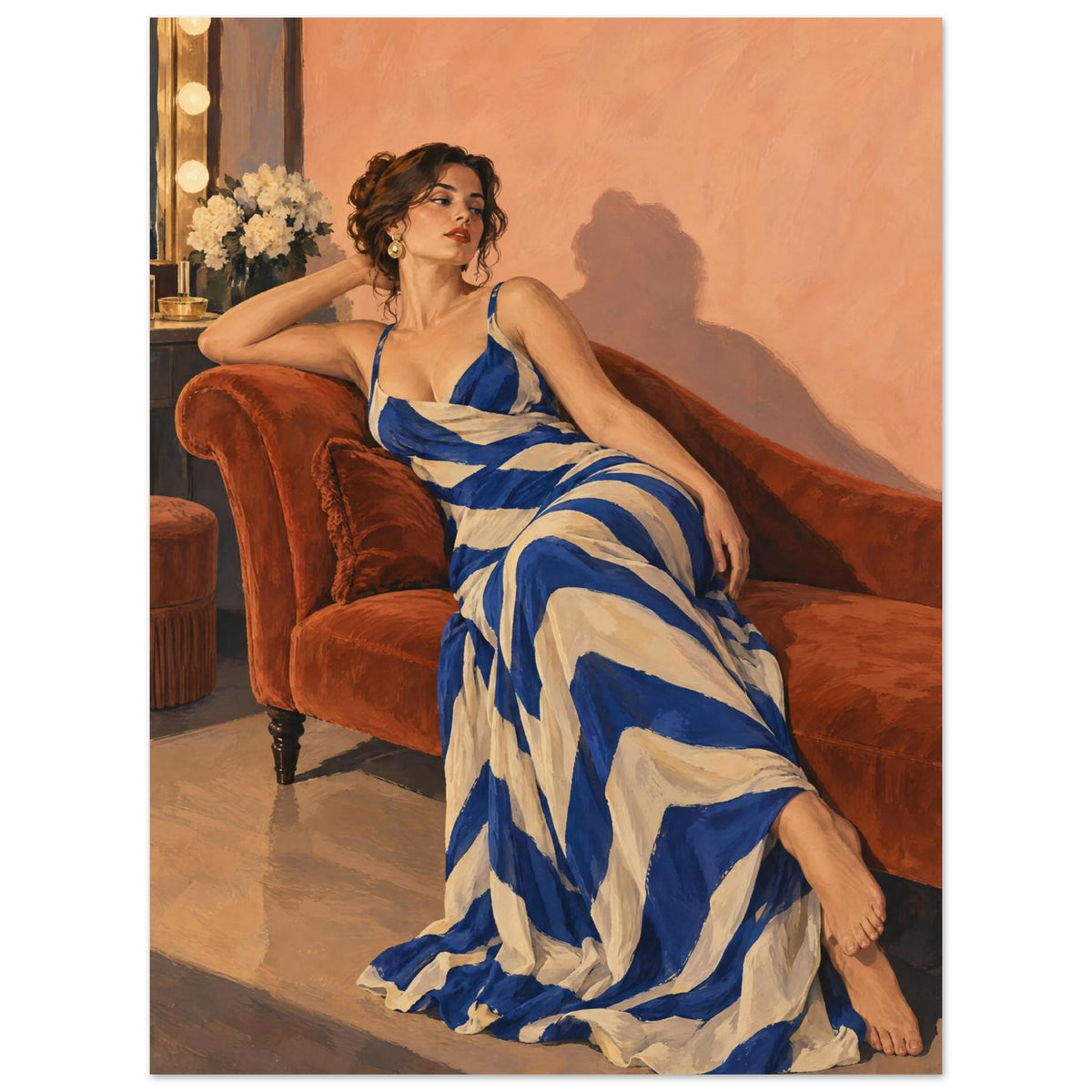 Stripes After Sunset shows a reclining woman in a cobalt-and-cream striped dress on a rust chaise against a peach wall.