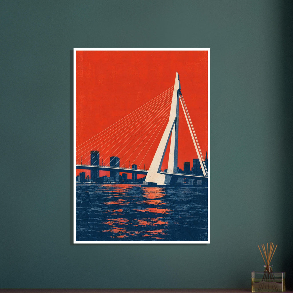 Erasmus Bridge with cream cables above a dark blue waterfront and skyline, set against a textured orange-red sky.
