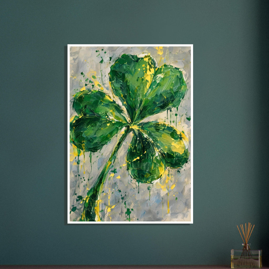 Four leaf clover painted in layered greens with yellow splashes and paint drips on a mottled grey and cream background.