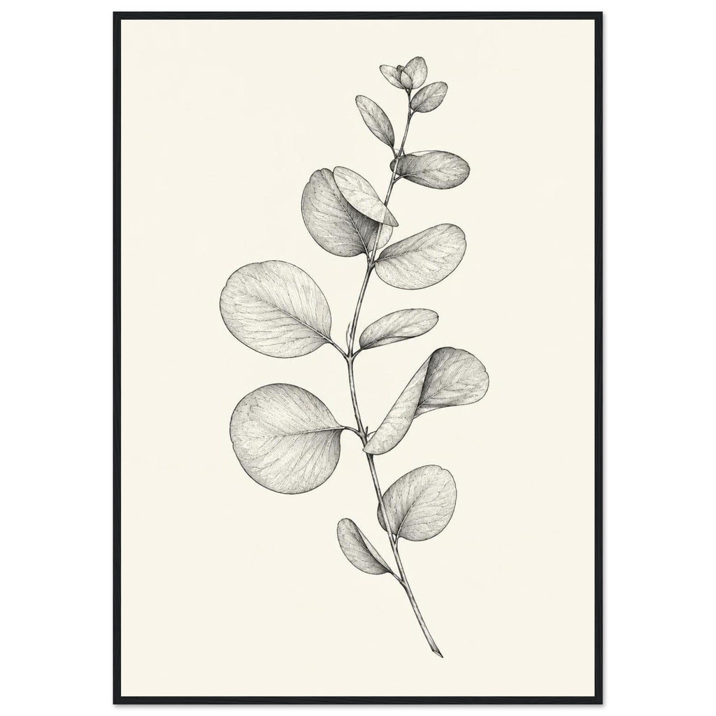 Eucalyptus stem with rounded leaves, fine veins and shaded folds drawn in black and grey on a cream background.