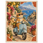 Orange cat in sunglasses and a scarf on a blue scooter, with lemons, flowers, coastal buildings and sailboats behind.
