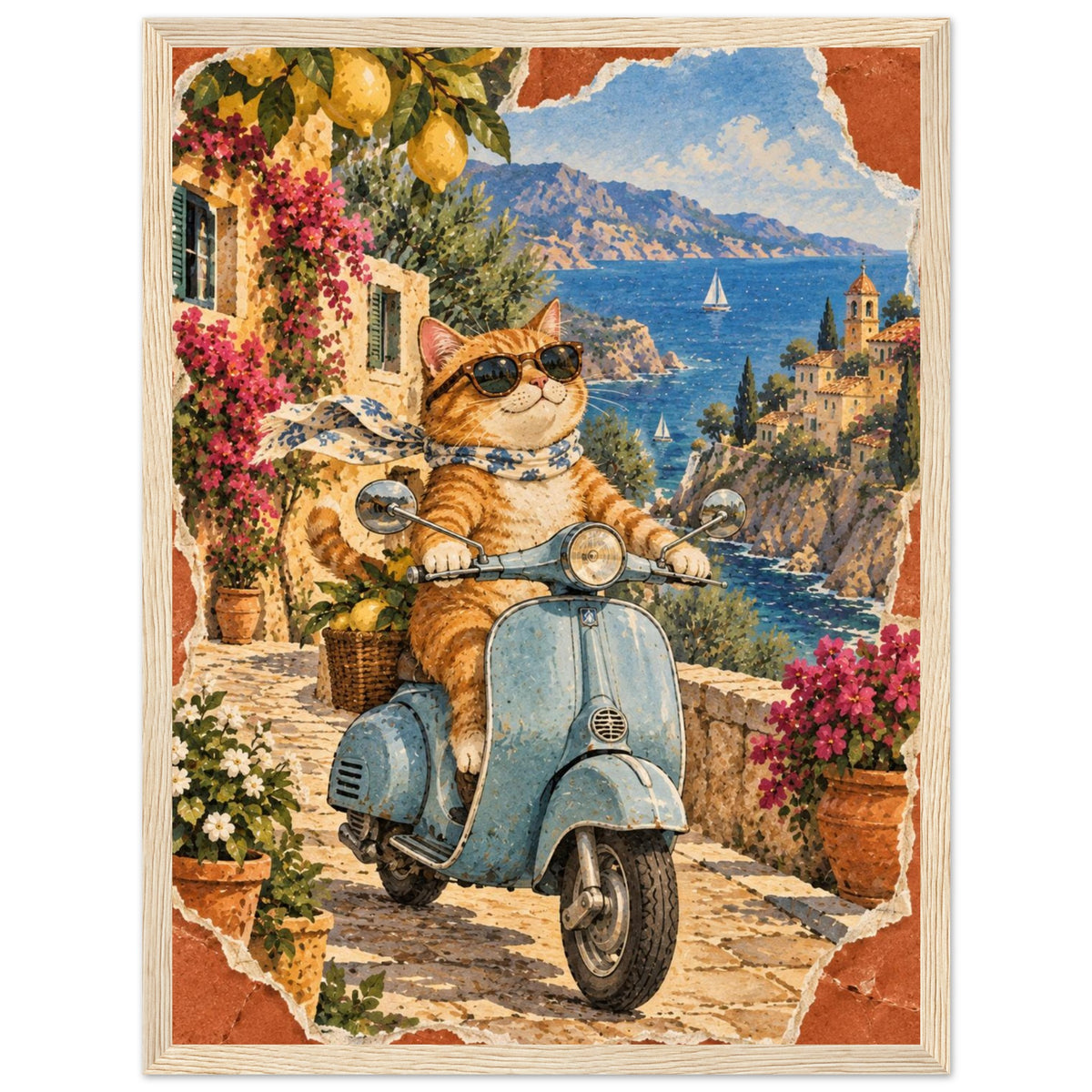 Orange cat in sunglasses and a scarf on a blue scooter, with lemons, flowers, coastal buildings and sailboats behind.