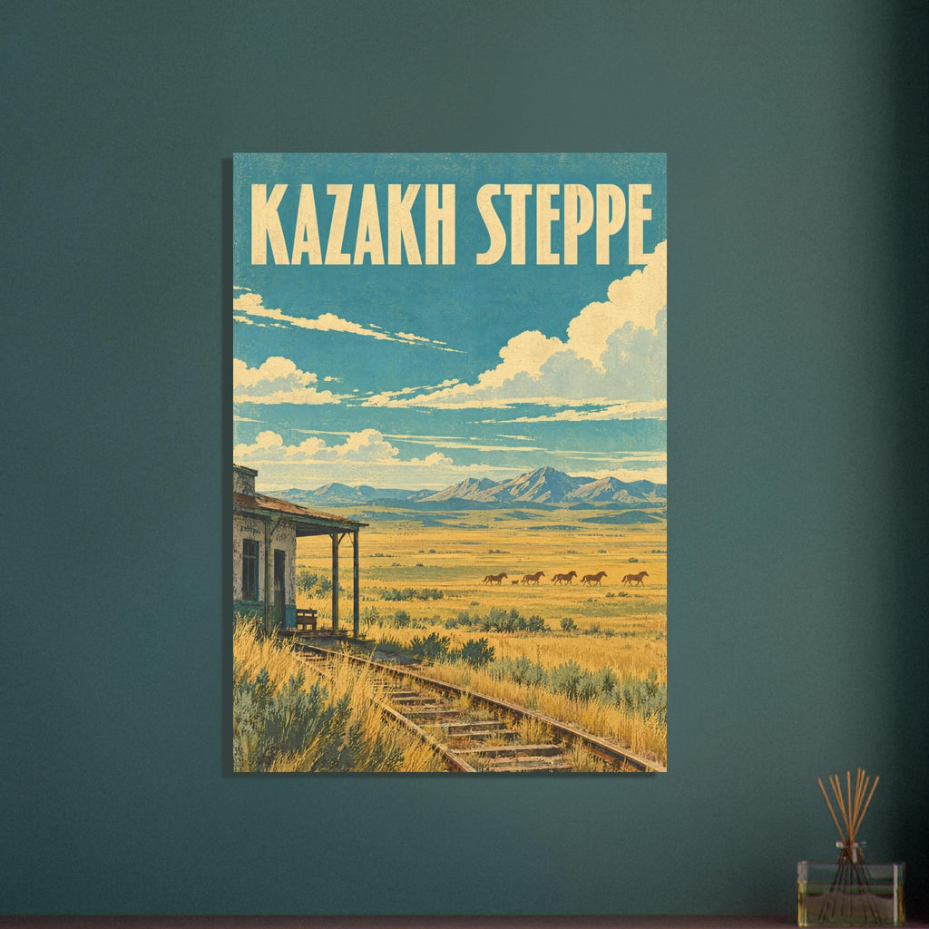 Kazakh Steppe travel poster with teal sky, golden grassland, horses, mountains and overgrown tracks beside a railway building