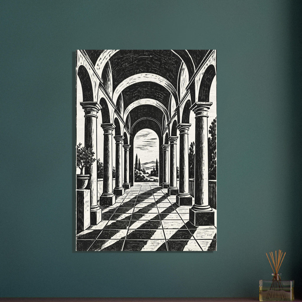 Arched Colonnade Black And White – illustration wall art print by Printavelle – close-up