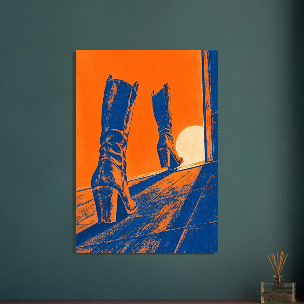 Two tall blue cowboy boots on angled floorboards against an orange background, with long shadows and a pale circle.
