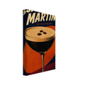 Espresso martini glass with foam and three coffee beans, cream lettering, an orange oval and navy background.