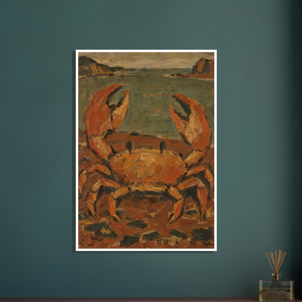 Orange and ochre crab with raised claws on a rocky shore, with muted green water and distant rocks in textured brushstrokes.