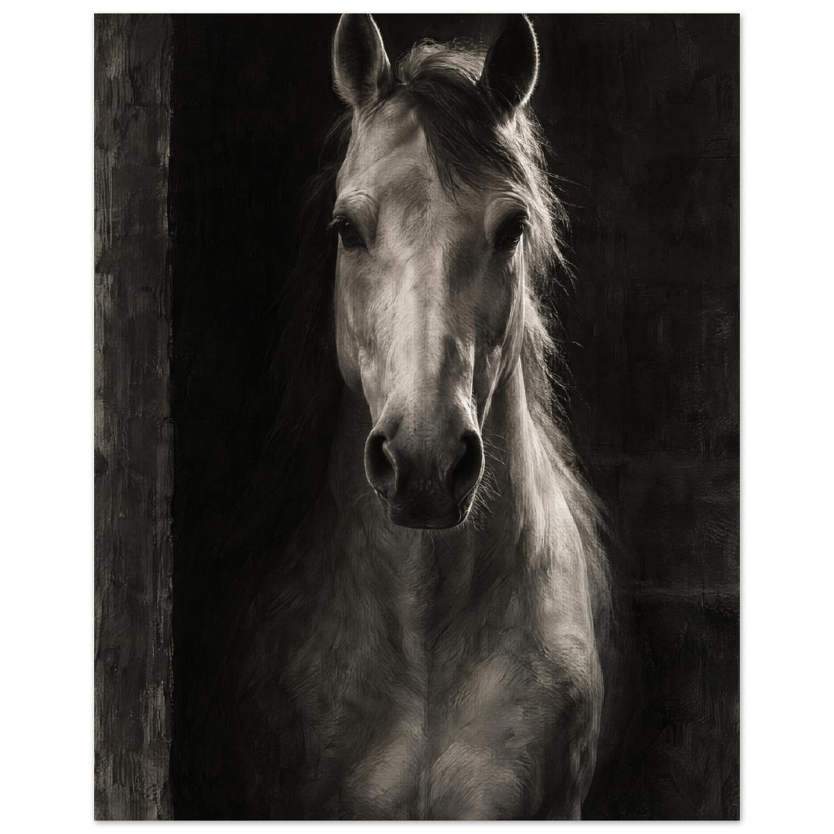 Horse in Half-Light, a frontal horse portrait emerging from a dark doorway with light tracing one ear and its mane.