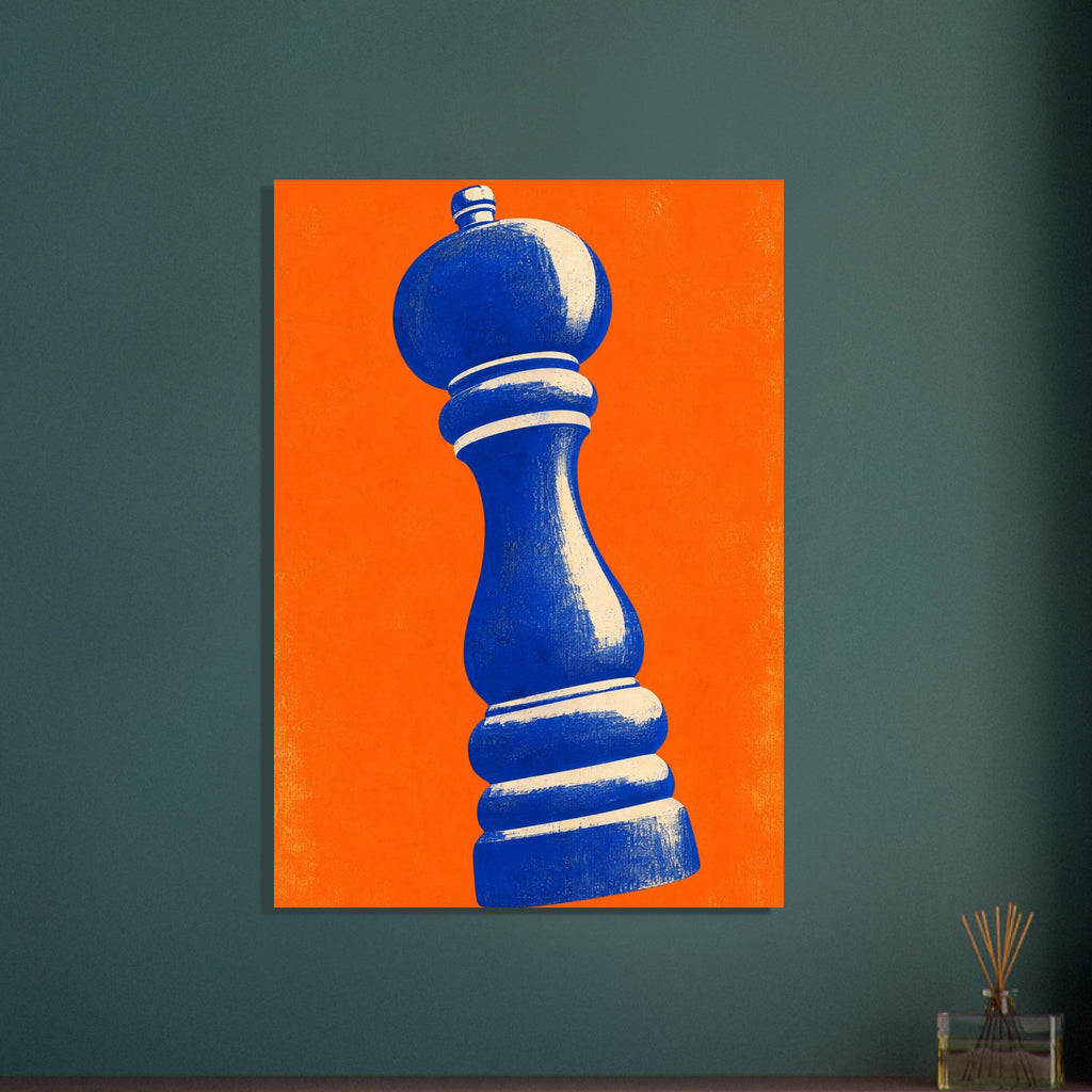 Blue pepper mill with cream highlights tilted against a bright orange background, with distressed textures throughout.