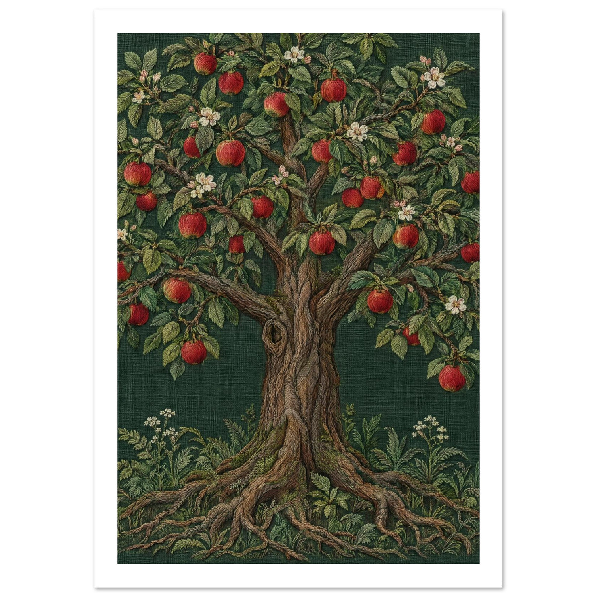 Apple Tree Embroidery Style Art Print – White Border