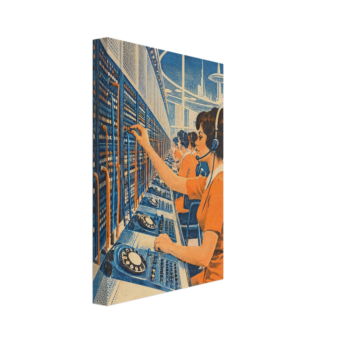 Telephone operators wearing headsets at blue switchboards, with orange dresses, rotary dials and a futuristic skyline.