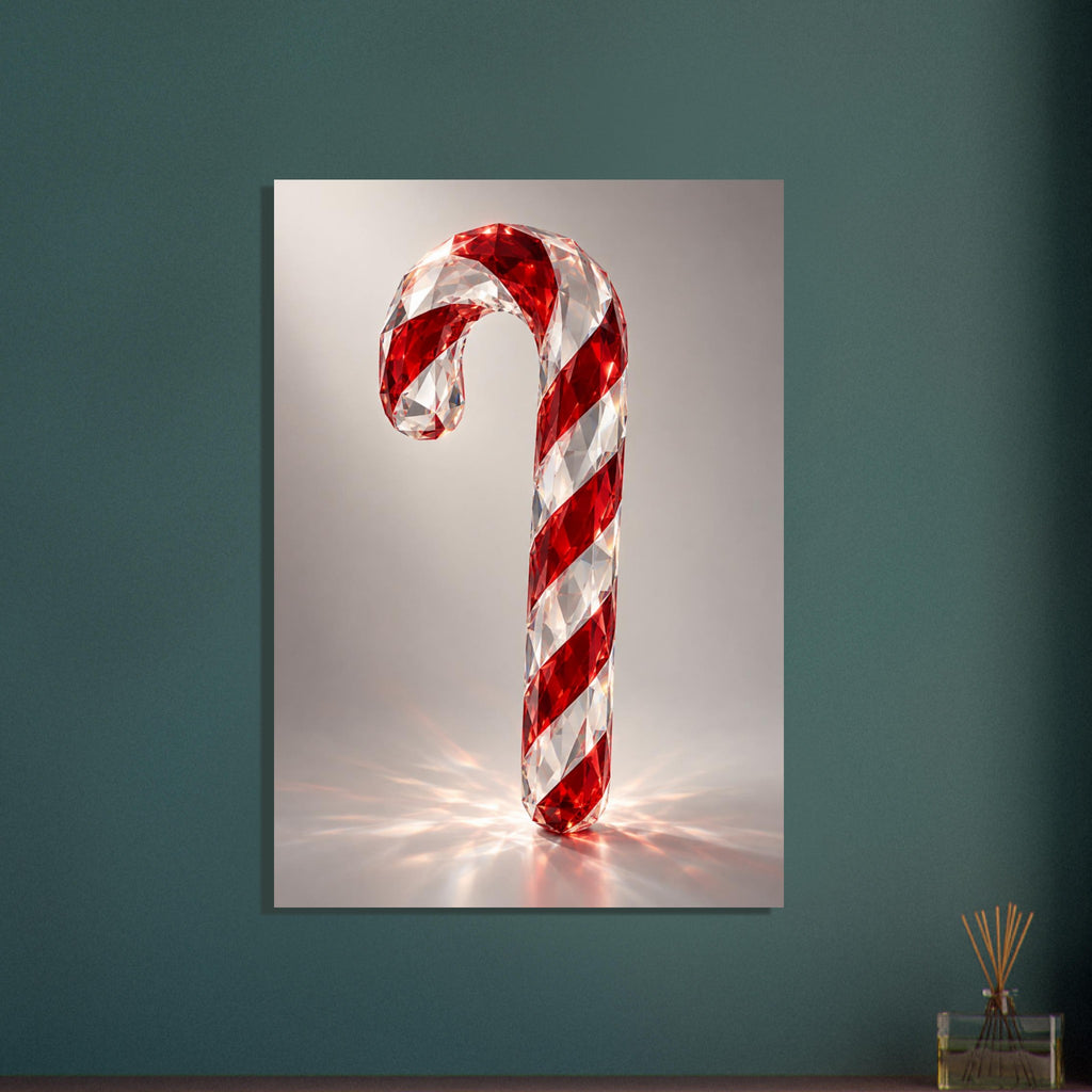 Red and clear faceted candy cane standing on a grey surface, with bright reflections spreading around its base.