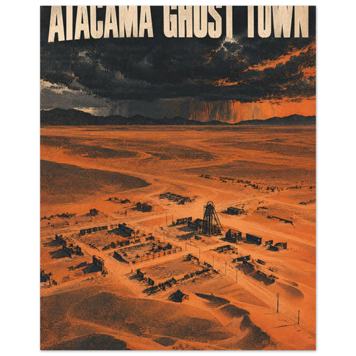 Atacama Ghost Town lettering above orange desert ruins and a skeletal tower beneath dark storm clouds.