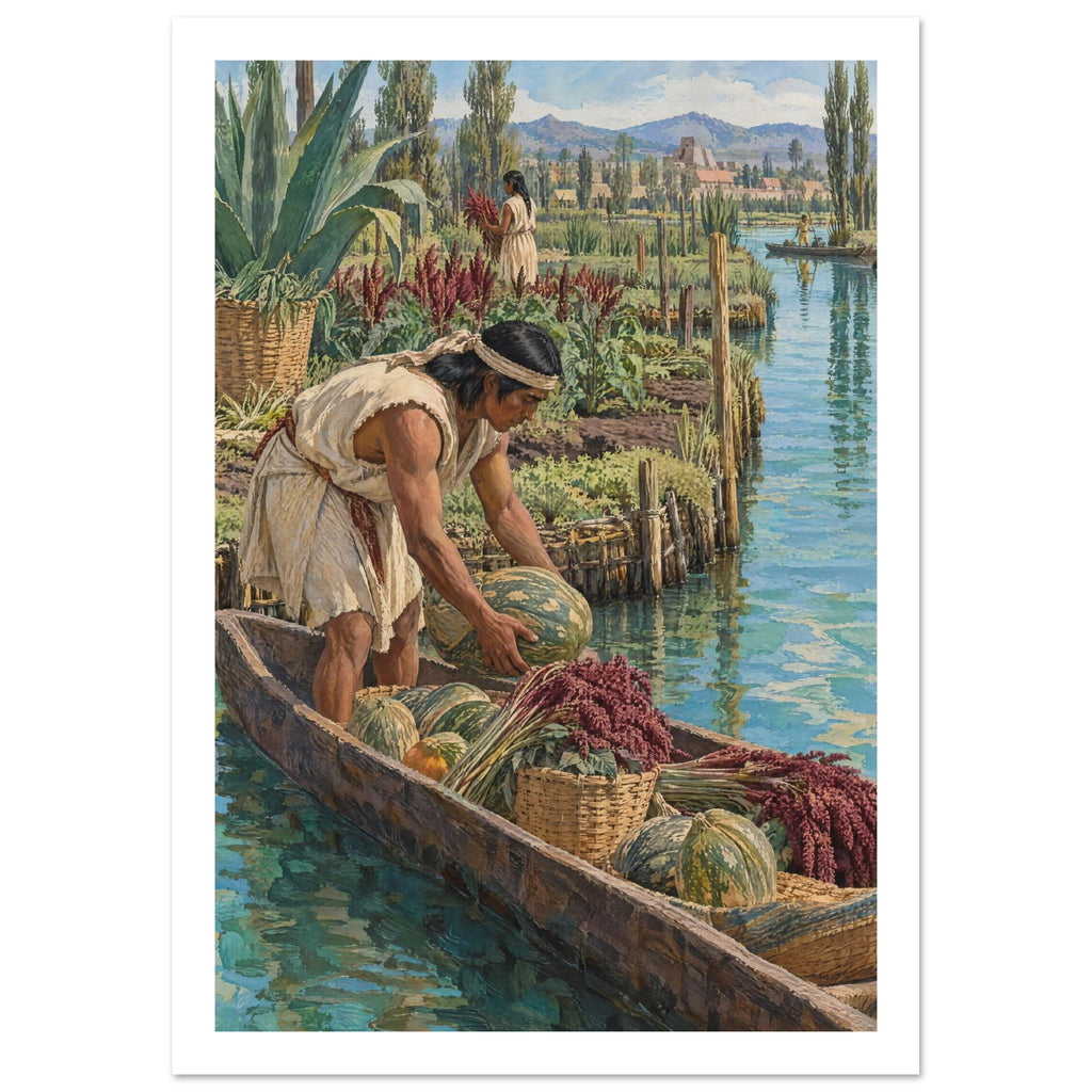 Figure loading squash into a canoe with baskets and red flowering stems beside planted banks, with mountains beyond.