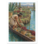 Figure loading squash into a canoe with baskets and red flowering stems beside planted banks, with mountains beyond.