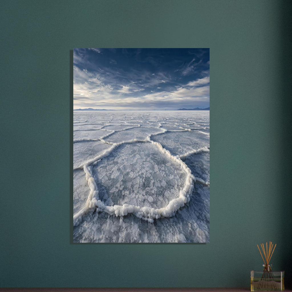 Salt flats with raised polygon-shaped ridges stretching towards distant mountains beneath a blue, cloud-streaked sky.