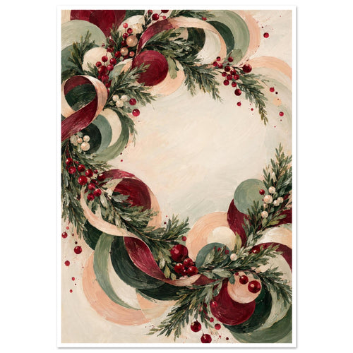 Christmas wreath of evergreen branches, red berries and sweeping burgundy, green and peach curls on a cream background.