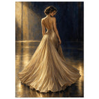 Champagne Pleats depicts a woman from behind in a fan-shaped pleated evening gown, lit from the side against navy.