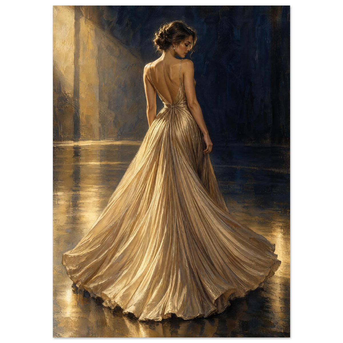 Champagne Pleats depicts a woman from behind in a fan-shaped pleated evening gown, lit from the side against navy.