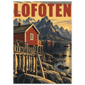 Red waterfront cabin and drying fish beneath jagged mountains, with a boat, golden sky and large red Lofoten lettering.