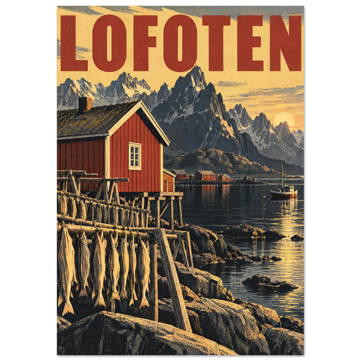 Red waterfront cabin and drying fish beneath jagged mountains, with a boat, golden sky and large red Lofoten lettering.