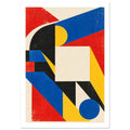 Geometric abstract shapes in red, blue, yellow, black and cream, with circles, diagonal bands and distressed texture.