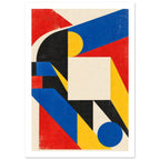 Geometric abstract shapes in red, blue, yellow, black and cream, with circles, diagonal bands and distressed texture.