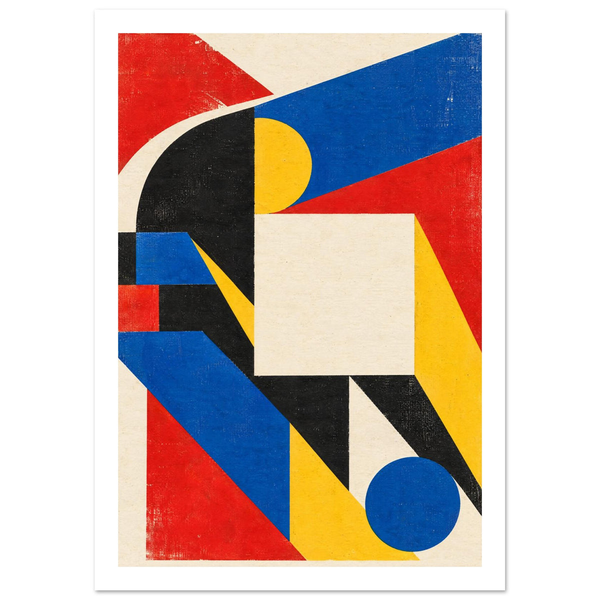 Geometric abstract shapes in red, blue, yellow, black and cream, with circles, diagonal bands and distressed texture.