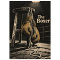 Brown boxing gloves hanging from a wooden stool beneath a lamp, with ring ropes and cream ‘The Boxer’ lettering.