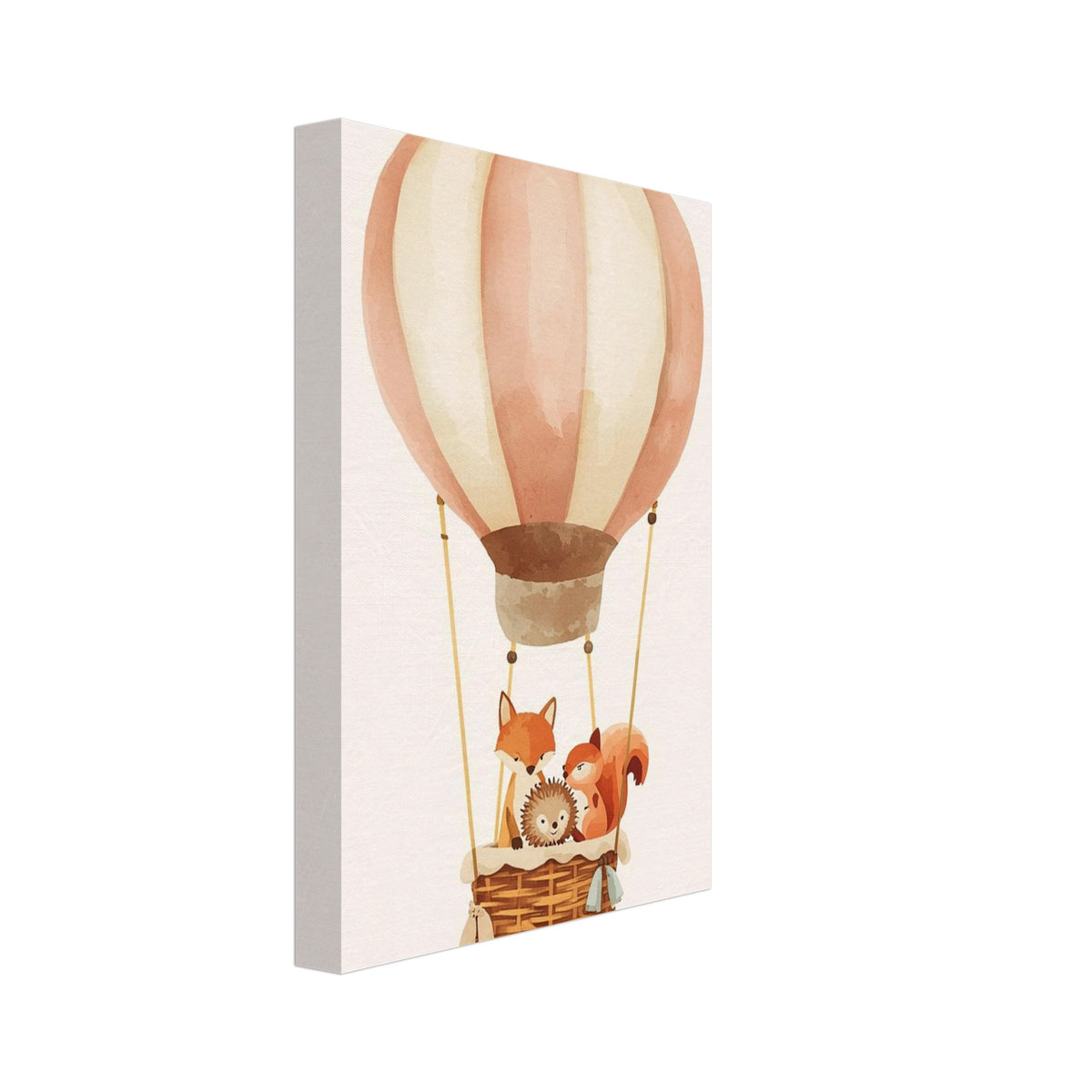 Peach and cream hot air balloon carrying a fox, hedgehog and squirrel in a woven basket against an ivory background.