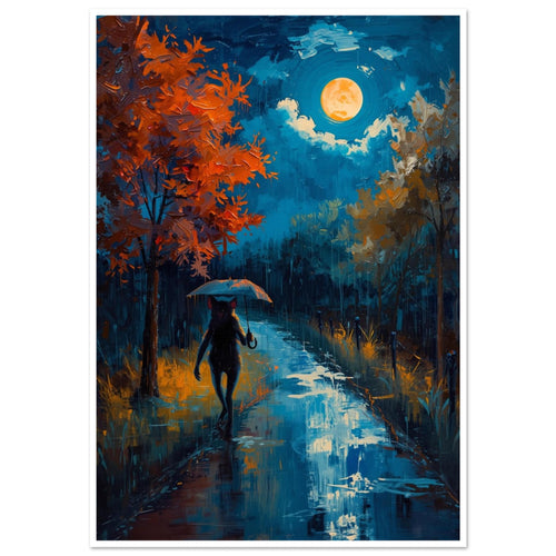 Black cat holding an umbrella on a wet path beneath a golden moon, with orange trees and blue reflections.