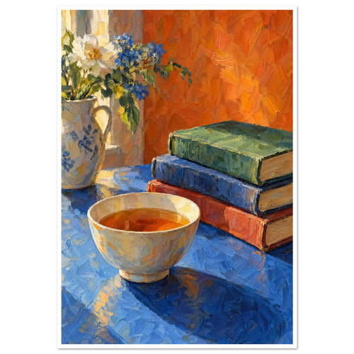 Bowl of tea beside stacked books and a jug of white and blue flowers on a blue table against an orange background.