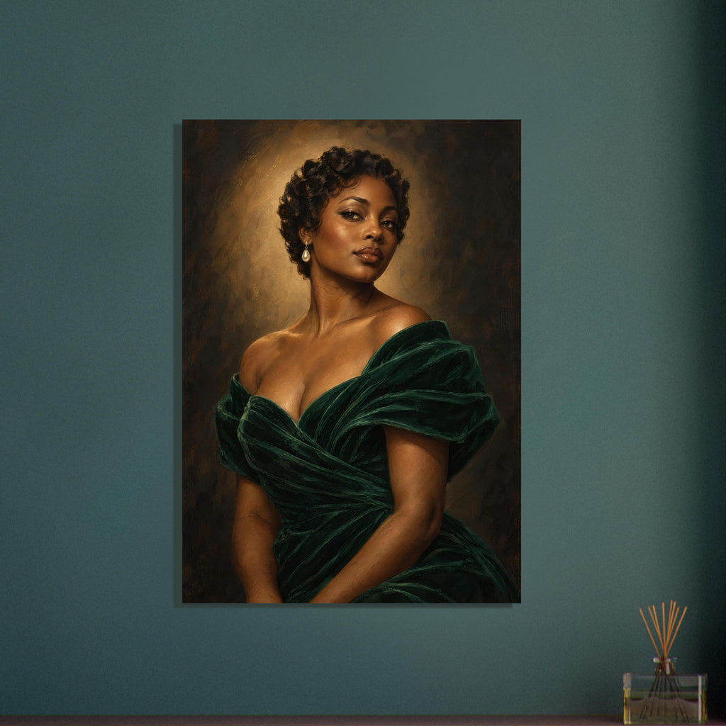 The Velvet Spotlight depicts a woman with short curls in an emerald gown beneath warm oval lighting against charcoal.