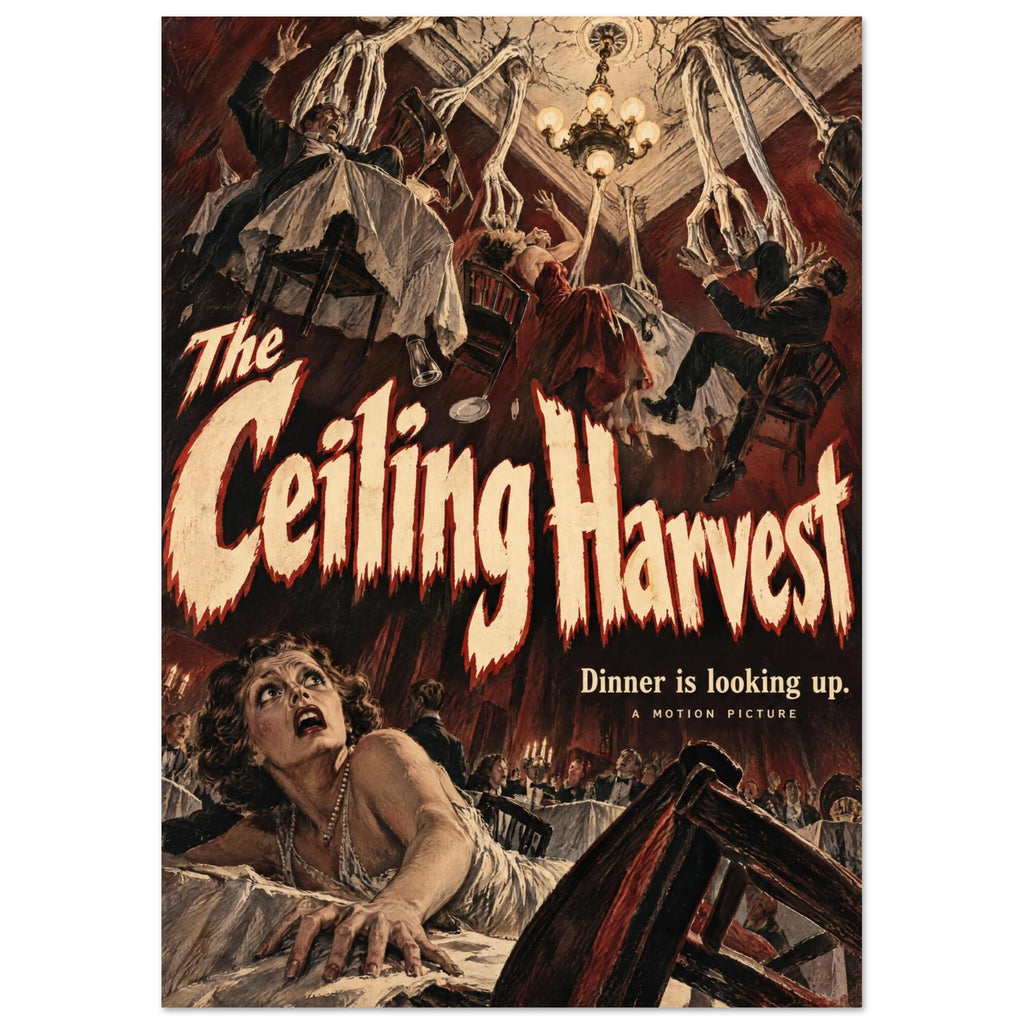 Horror poster with spindly ceiling creatures looming over frightened diners and large cream text reading The Ceiling Harvest.