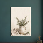 Rosemary in a stoneware jug painted in watercolour, with loose stems and folded linen against a warm ivory background.
