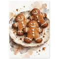 Watercolour painting of three iced gingerbread men on a rustic plate
