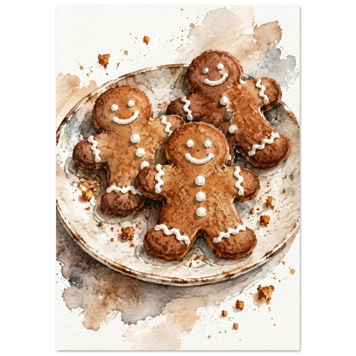 Watercolour painting of three iced gingerbread men on a rustic plate