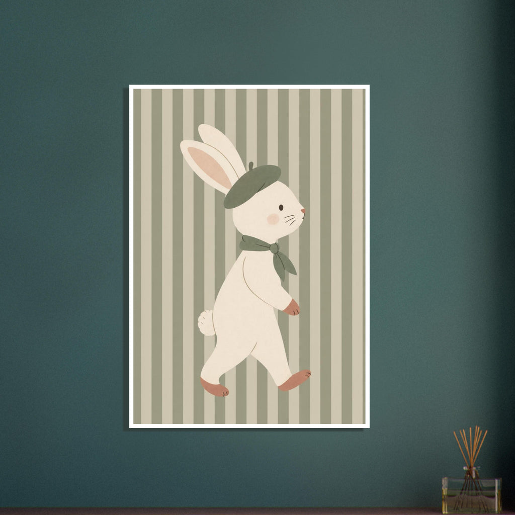 Cream bunny wearing a green beret and scarf, walking against muted green and beige vertical stripes.