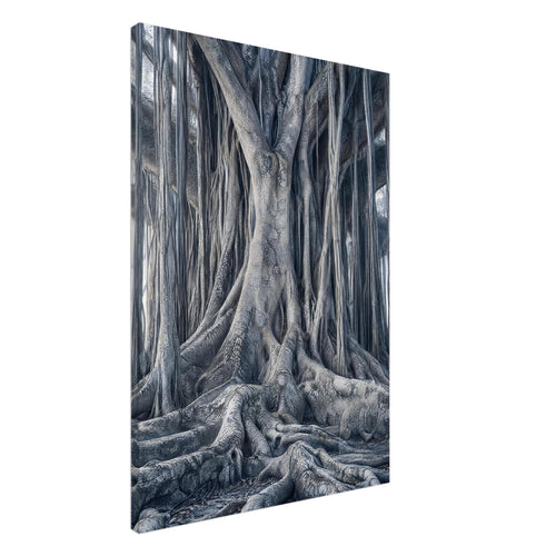 Banyan tree with intertwined trunks, hanging aerial roots and thick spreading roots in muted blue-grey tones.