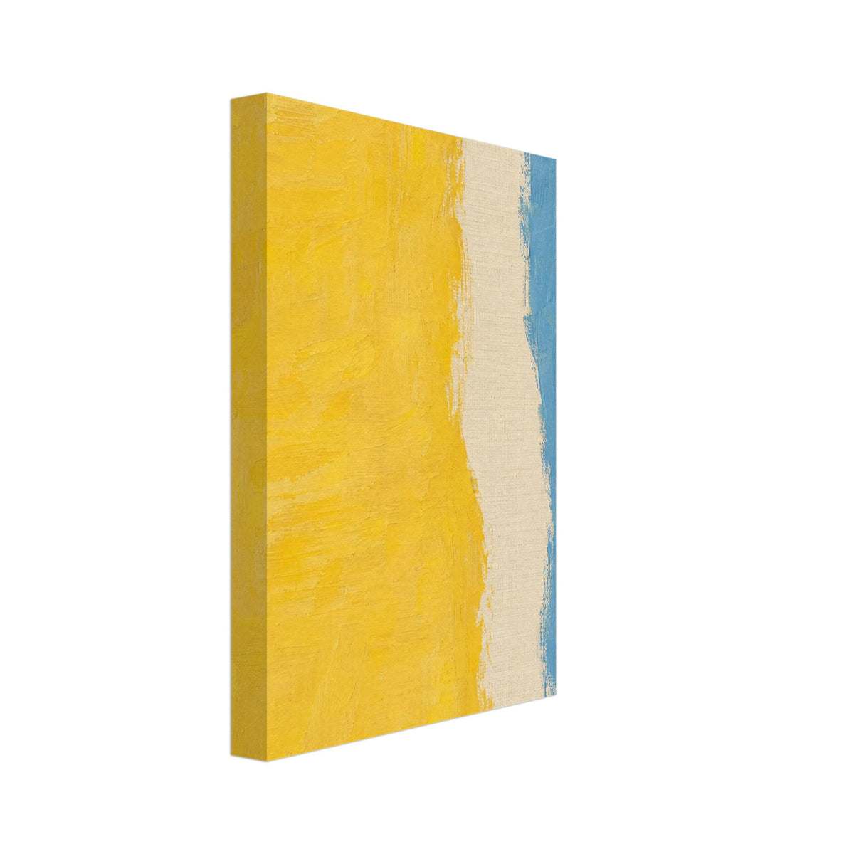 Abstract vertical bands of yellow, cream and blue with uneven edges, visible brushstrokes and a canvas-like texture.
