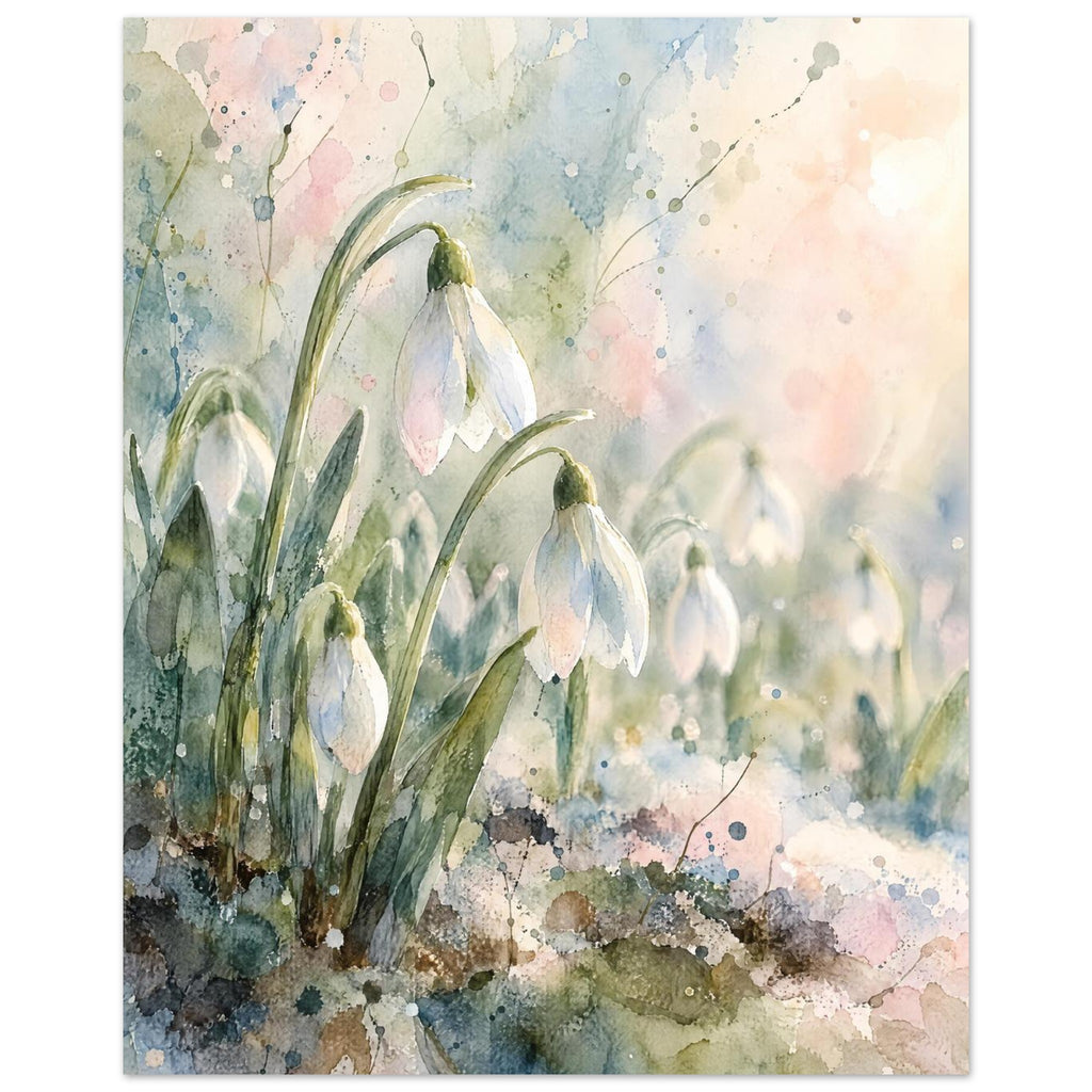 White snowdrops on curved green stems against loose watercolour washes of pale blue, pink and cream.