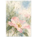 Open pink wild rose with a golden centre and green leaves against loose pale blue, sage and cream watercolour washes.