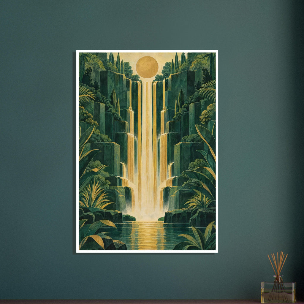 Golden waterfalls cascade down stepped green cliffs amid dense foliage, beneath a round sun and into a reflective pool.