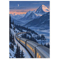 Silver train with glowing windows curves through snowy fir trees beneath blue mountains, a peach sky and crescent moon.