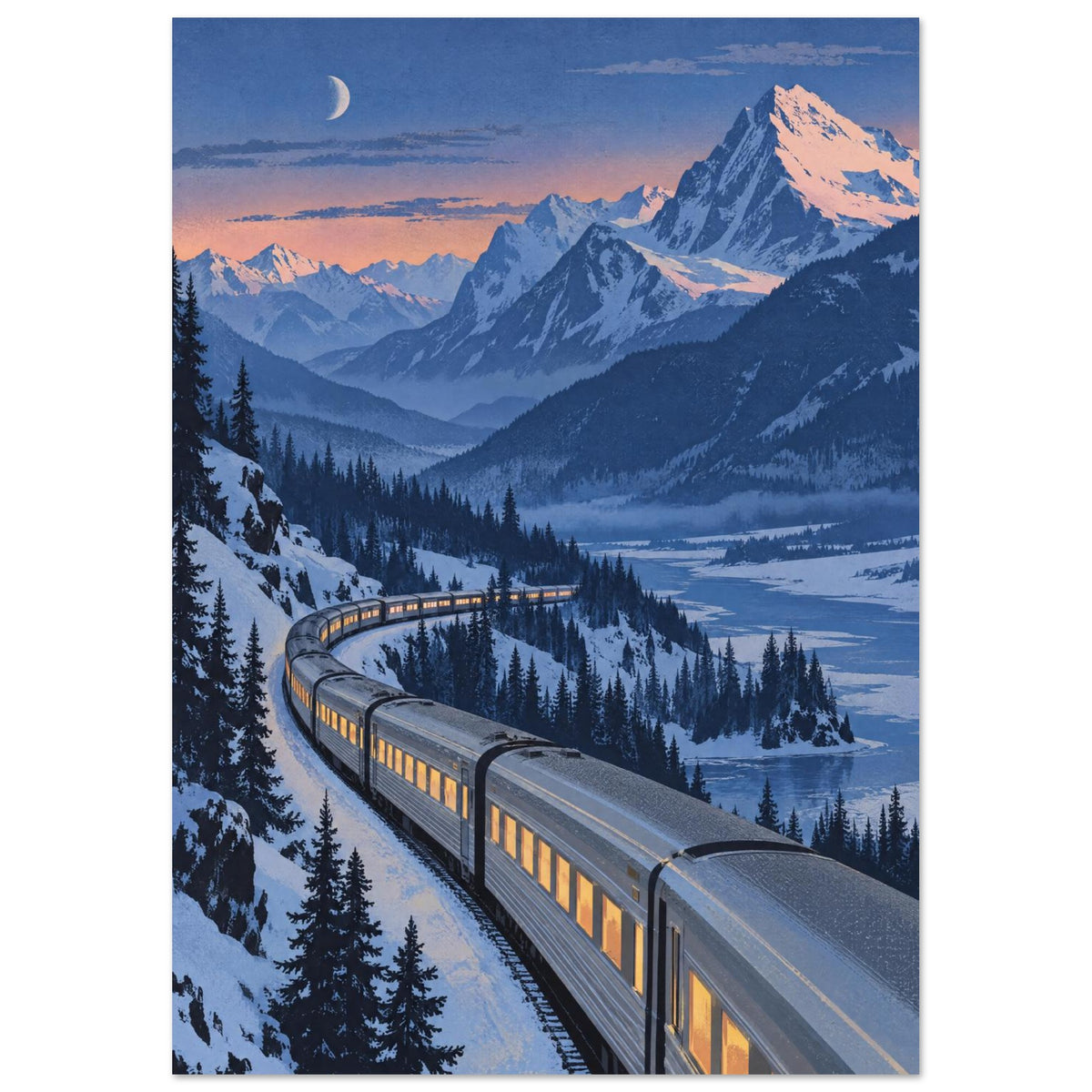 Silver train with glowing windows curves through snowy fir trees beneath blue mountains, a peach sky and crescent moon.