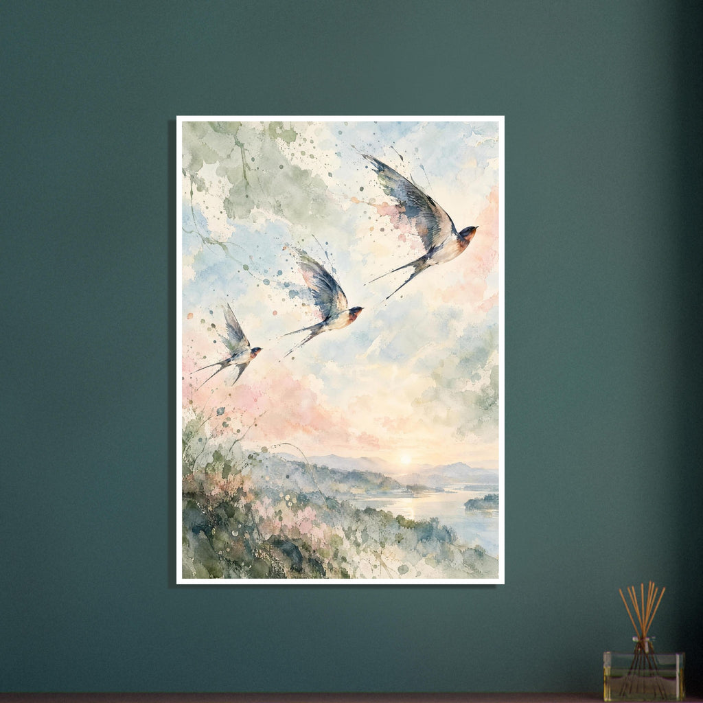 Three swallows flying across a pastel watercolour sky above distant hills, sunlit water and loose green foliage.