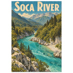 Soca River winding through pale rocks and green forest beneath mountain peaks, with large cream lettering overhead.